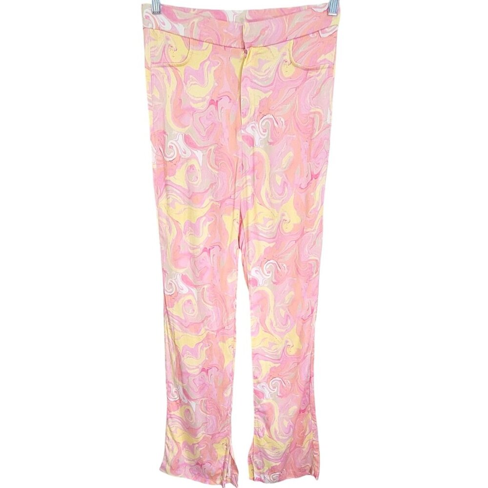 Zara‎ Womens Multicolor Marbled Watercolor Mini Flared Trouser High Rise Size M